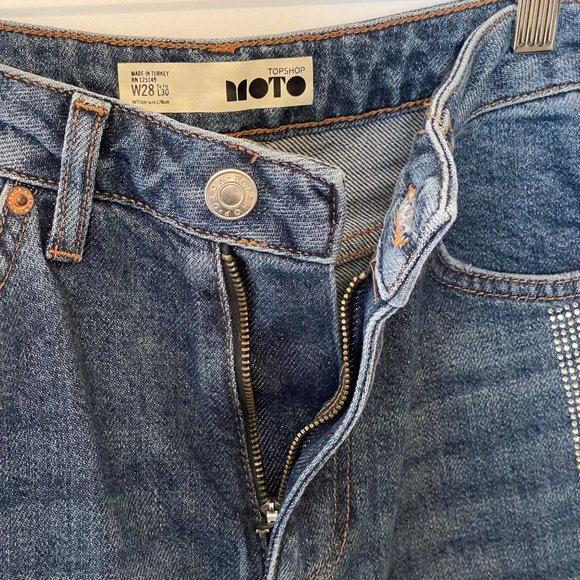 TopShop Moto Womens Size 28 Hi Rise Denim Jeans Embellished Side Stripes Bling - Picture 11 of 14